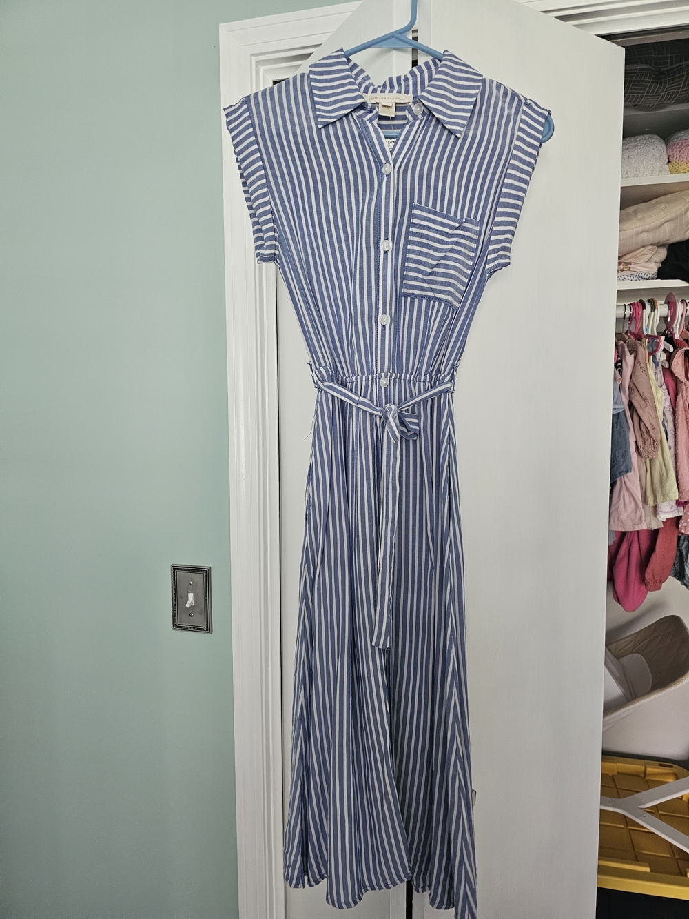 Monteau Blue and White Striped Sleeveless Maxi Shirt Dress